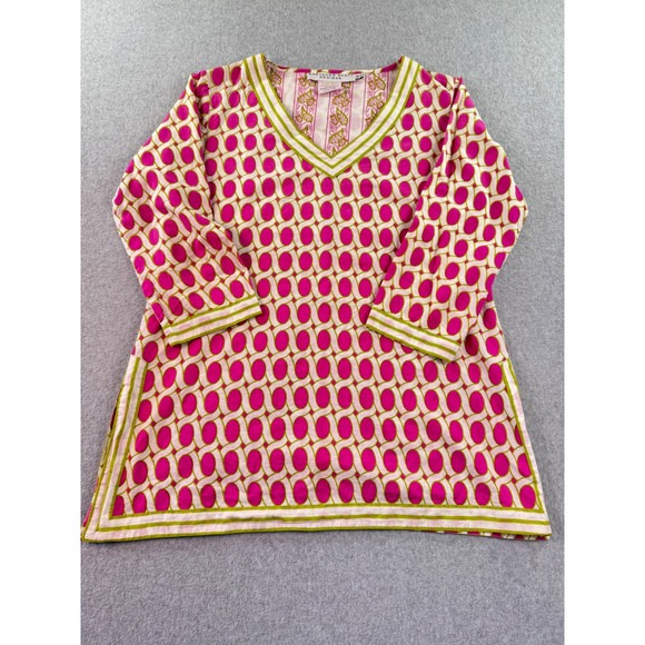 Gretchen Scott Designs Tops - Gretchen Scott Designs Pink Lime Green Geometric Cotton Tunic Top Women Small